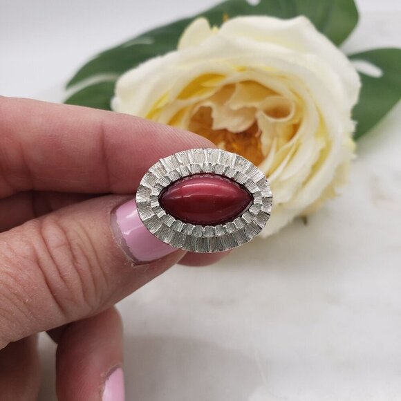 Vtg Garnet Pink Tiger's Eye Stone Fluted Silver Halo Cufflinks & Tie Tack Set - Picture 3 of 11